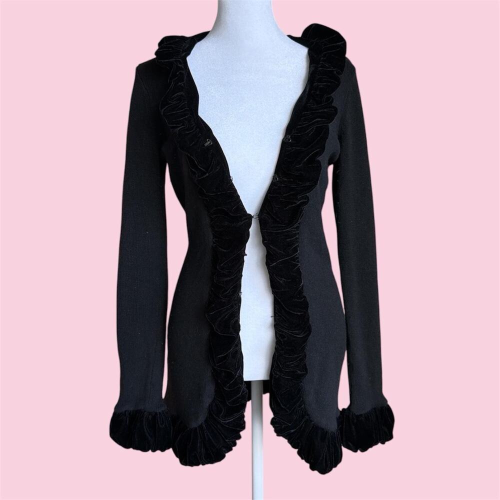 INC International Concepts Silk Black cardigan with velvet Ruffle trim